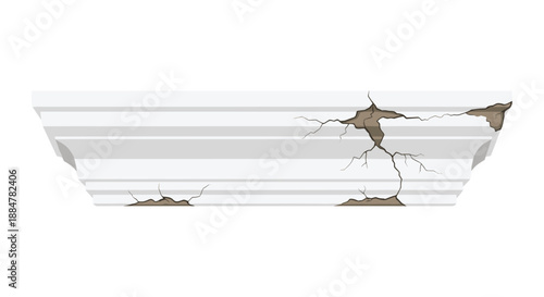 Severely cracked and damaged white building cornice or molding, exhibiting visible signs of wear and tear, representing structural issues, aging, or the need for renovation and repair.