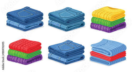 Six perfectly folded stacks of everyday clothing, featuring blue jeans and a variety of colorful sweaters, demonstrating meticulous organization and a tidy wardrobe.
