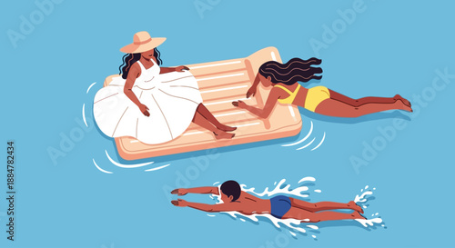 People enjoying a leisurely swim and floating on a raft in a serene aquatic environment from an aerial viewpoint