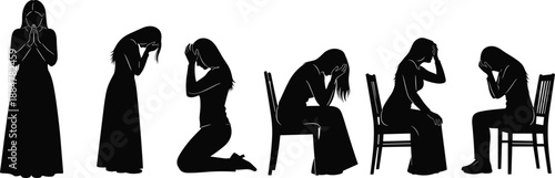 Silhouettes of woman expressing grief, prayer, sadness, and emotional struggle in different poses, mental health and emotional distress concept illustration with strong dramatic mood