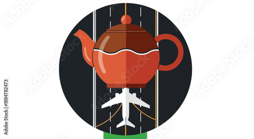 Airplane flying through a teapot in a surreal, abstract illustration