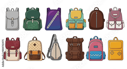Collection of various cartoon-style backpacks and bags displayed together on a plain background