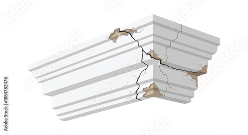 Angled view of a significantly cracked and crumbling white building cornice or molding, highlighting extensive structural damage and the urgent need for repair and restoration.