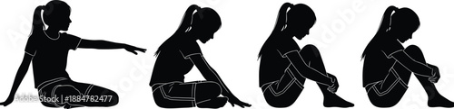 Silhouettes of woman sitting in different emotional poses, body language illustration expressing sadness, reflection, loneliness, mental health awareness, and quiet introspective mood concept
