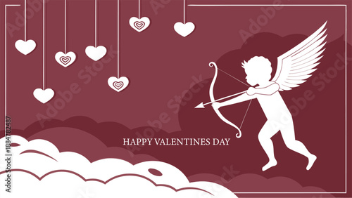 Valentines day cupid illustration with hanging heart decorations expressing love romance celebration greeting card and relationship concept