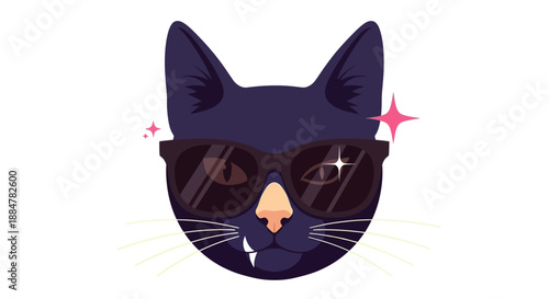 A sleek black cat face wearing sunglasses with sparkles, a fun cartoon illustration of a feline, viewed from the front with a playful expression