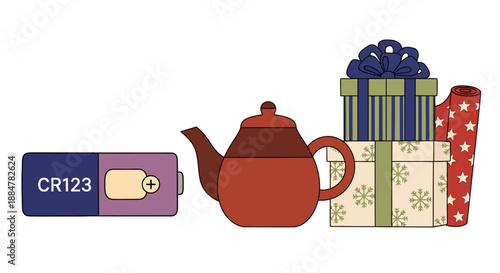 A red teapot surrounded by gift boxes and a film roll on a white surface viewed from the front