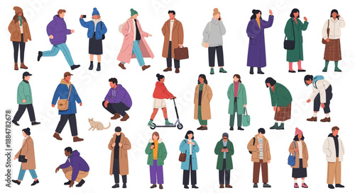 Diverse group of people engaging in various activities and walking in different directions, illustration of modern urban lifestyle, collection of individuals, city scene, people movement