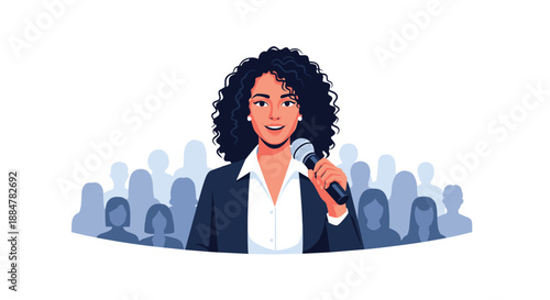 Confident and charismatic Black woman speaker holding a microphone, addressing a silhouetted audience, symbolizing public speaking, leadership, and impactful communication.