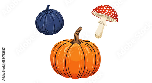 An illustration of a vibrant orange pumpkin with a blue pumpkin and a red mushroom with white spots floating around it.