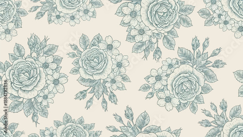 A serene floral pattern of roses and leaves on a soft background from a close-up viewpoint
