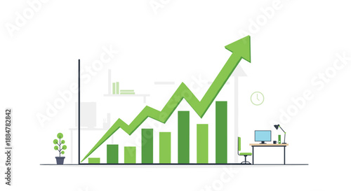 Financial growth and business success symbolized by an ascending bar and line chart in a modern office environment.