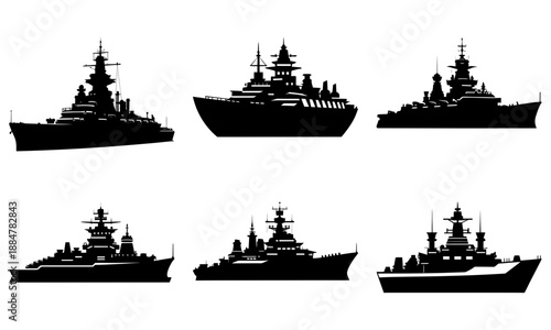 Silhouettes of naval warships displayed on a white background from various viewpoints and angles
