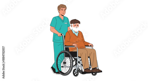 Healthcare professional assisting elderly man in a wheelchair