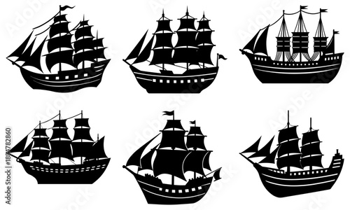 Sailing ships at sea, a fleet of six vintage vessels, black silhouettes against a plain white background, viewed from the side