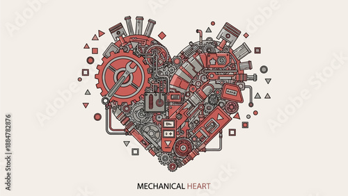 Mechanical heart illustration showcasing gears, machinery, technology, and mechanical parts in a creative abstract design