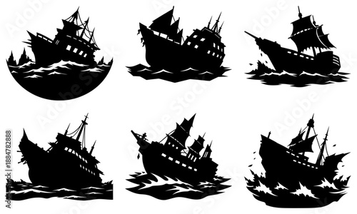 Collection of six black silhouetted sailing ships on turbulent waves from various viewpoints