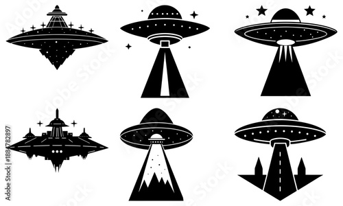 Collection of UFO Silhouettes Flying through the Sky with Stars and Mountains