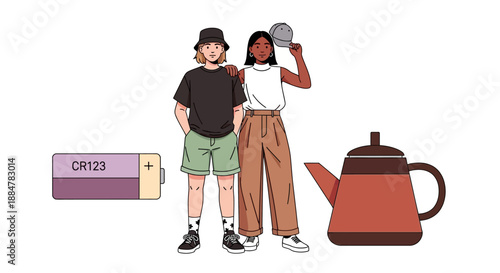 Two people standing near a coffee maker, holding coffee cups, in a modern kitchen, from a slightly elevated viewpoint