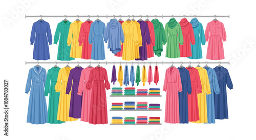 A comprehensive display of colorful clothing, including dresses on hangers and folded garments on shelves, ready for sale in a vibrant clothing store.