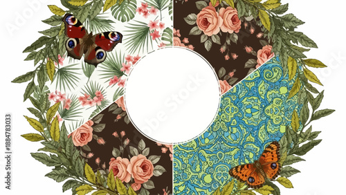A circular collage of floral patterns and butterflies viewed from directly above