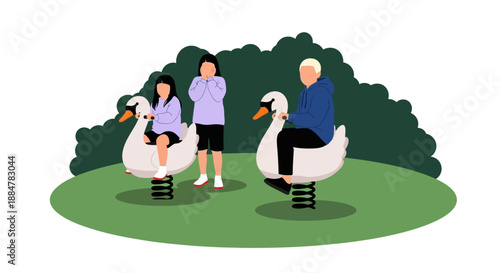 Elderly man and young people standing near springer on geese-shaped ride in park