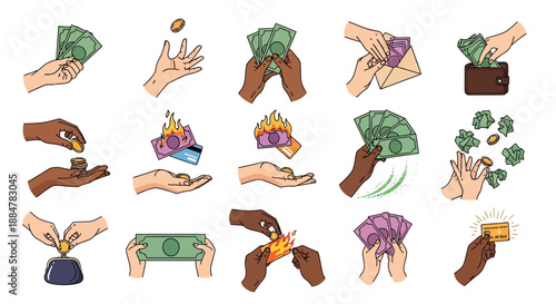 Illustration of various hands exchanging money and gifts in different scenarios