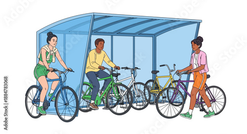 People riding bicycles under a shelter with various colored bikes parked alongside, showcasing cycling activity in a public setting, viewed from the side.