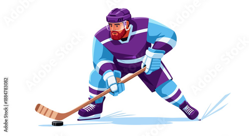 Hockey player in action on ice rink with stick and puck from a dynamic side view