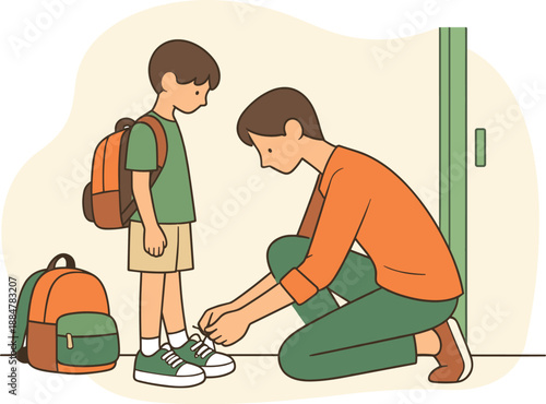 Morning Shoelace Moment. Quiet parent kneels to tie a childs shoelaces beside a doorway, backpack on floor, morning help before