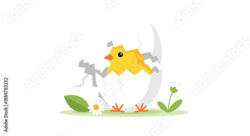 An adorable cartoon baby chick fully emerged from its broken eggshell, standing amidst delicate green leaves and white flowers, symbolizing spring and new life.