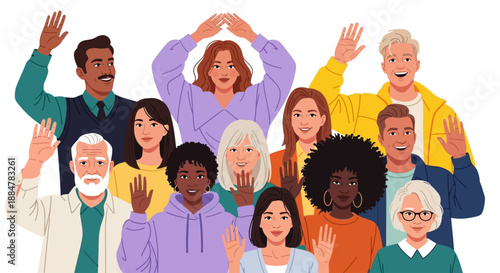 Diverse group of people waving hands together in a joyful gathering, capturing a moment of unity and celebration from a front viewpoint.