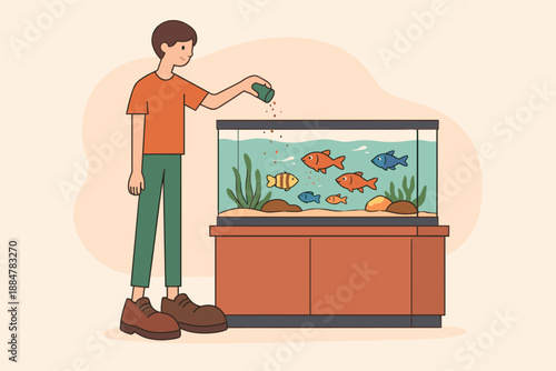 Feeding Aquarium Fish. Quiet person feeds fish in an aquarium, tiny flakes falling as colorful fish gather near glass calmly |