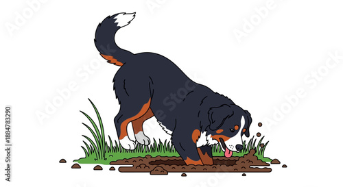 A black and orange dog digging in the dirt with its nose in the ground, illustration of a canine activity, outdoor scene