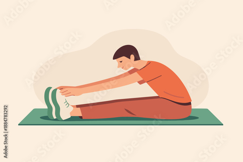 Calm Stretching Moments. Quiet person does light stretching on a mat, arms reaching gently with slow breath and calm focus | flat