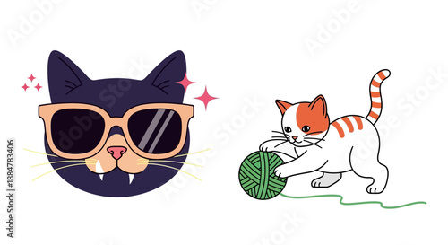 Whimsical cartoon cats engaging in playful activities with yarn and sunglasses in a minimalist setting from a straightforward viewpoint