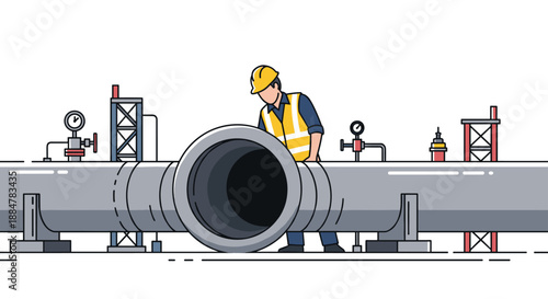 An industrial worker in safety vest and hard hat carefully inspecting a section of a large, heavy-duty pipeline.