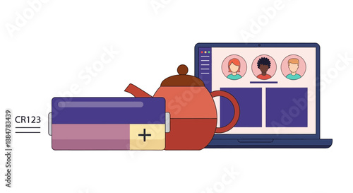 Online meeting on laptop with coffee and books nearby in a cozy study environment from a slightly elevated viewpoint