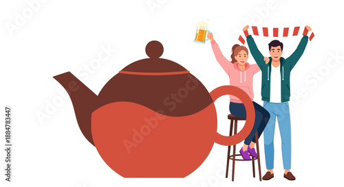 Couple Celebrating with Tea and Snacks beside a Large Teapot