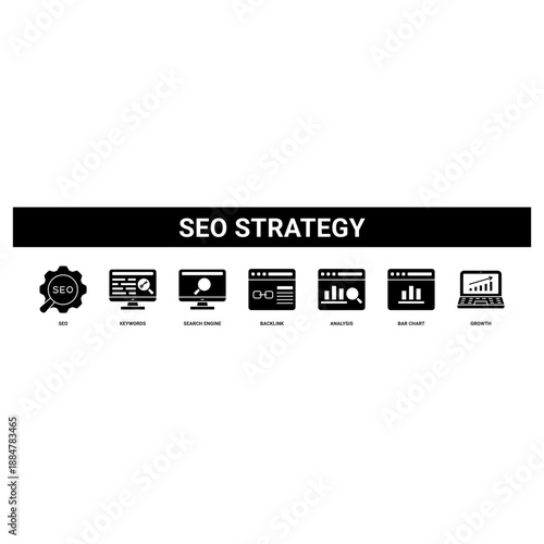 Seo Strategy web banner icon set collection solid style.
