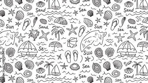 Seamless Black and White Beach Pattern: Sun, Sand, Sea, Shells, Palm Trees, Sailboats, and Flip Flops