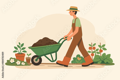 Gardener on Duty. Gentle gardener pushes a wheelbarrow of soil along a garden path, plants nearby and steady work rhythm today |