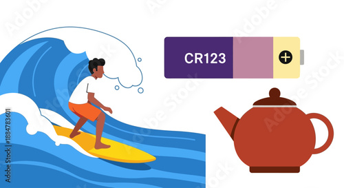 Surfer riding a wave on a yellow surfboard beside a red teapot and color palette