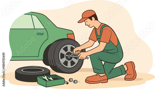 Gentle Mechanic Scene. Gentle mechanic fixes a flat tire beside a parked car, kneeling with tools ready, focused hands and steady