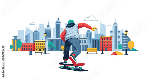 A person skateboarding through a vibrant urban landscape with colorful buildings and a dynamic city skyline in the background.