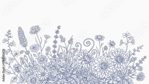 Illustration of diverse flowers and plants in a whimsical, artistic arrangement