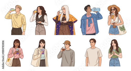 Diverse group of people drinking from various containers, showcasing different styles and fashion trends in a clean and simple illustration