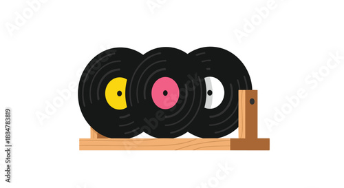 A simple display of three classic black vinyl records with colored labels, neatly arranged on a minimalist wooden stand, symbolizing vintage music.