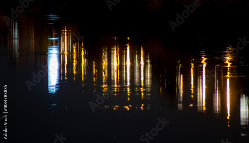 Slika na platnu Lights reflected in the lake, light play with long exposure.