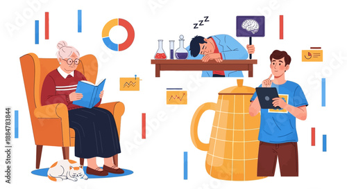 Elderly woman reading in armchair while man sleeps and younger man checks device beside large jug